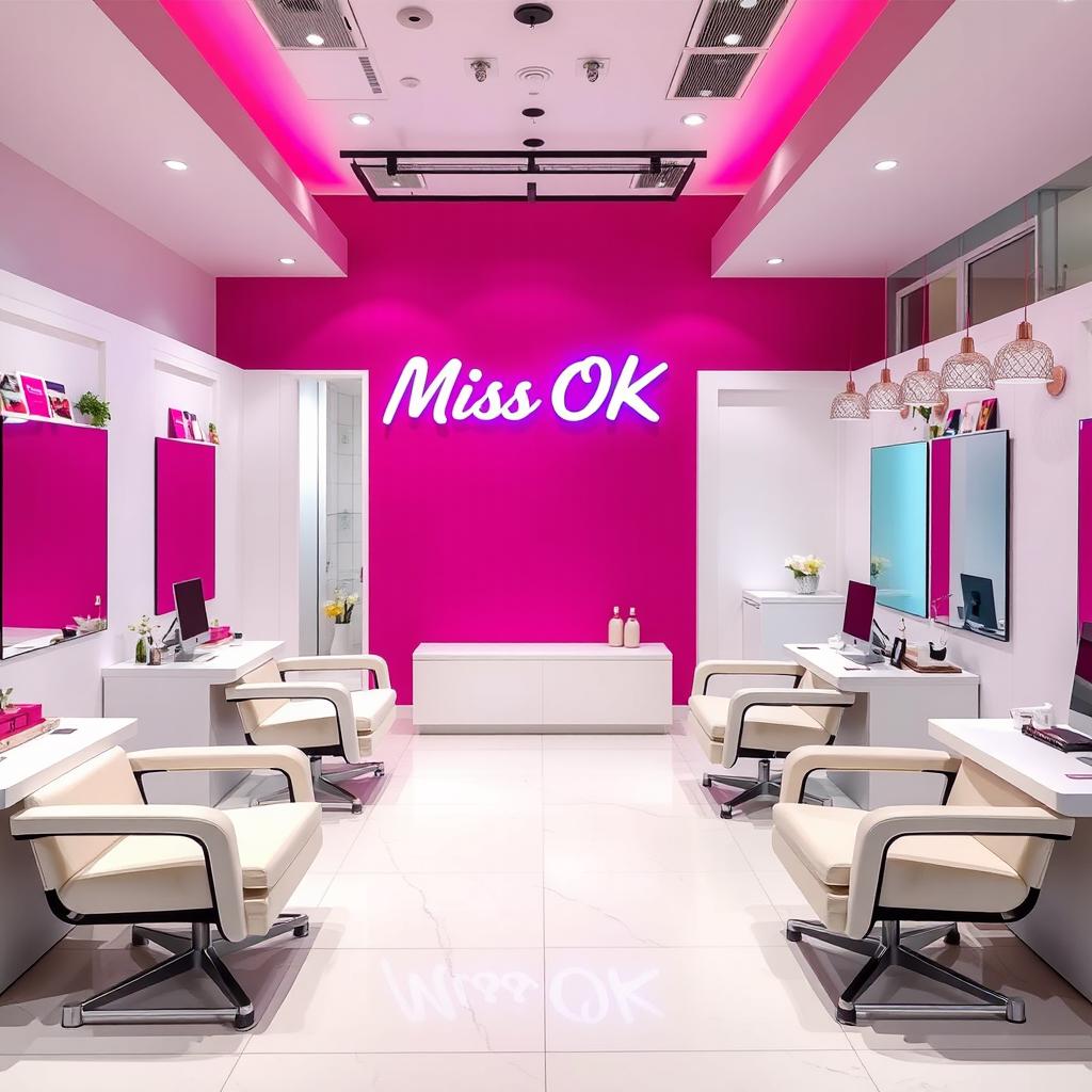 A modern and fresh nail spa interior featuring a vibrant fuchsia wall with a chic ambiance, complemented by white walls and decor