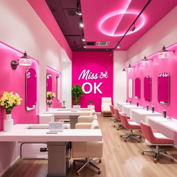 A modern and fresh nail spa interior featuring a vibrant fuchsia wall with a chic ambiance, complemented by white walls and decor
