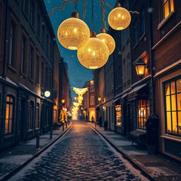 A cinematic view of a picturesque cobblestone street at night, covered in a layer of snow