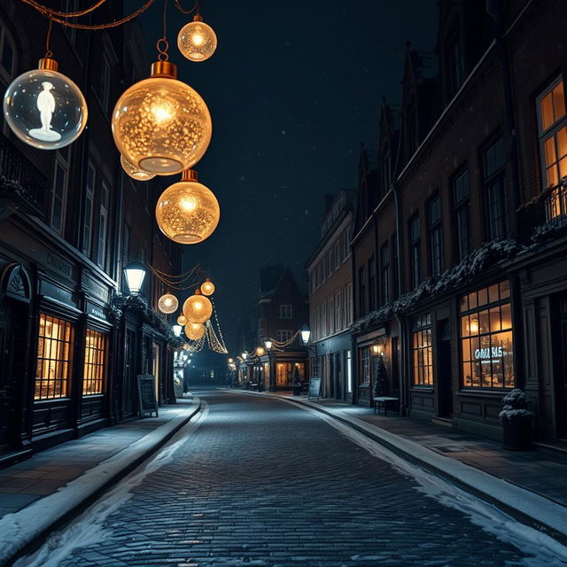 A cinematic view of a picturesque cobblestone street at night, covered in a layer of snow