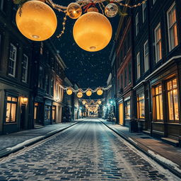 A cinematic view of a picturesque cobblestone street at night, covered in a layer of snow