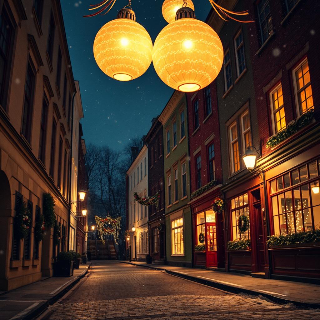 A cinematic view of a picturesque cobblestone street at night, covered in a layer of snow