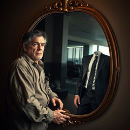 A powerful reflection scene showing a person emerging from a state of poverty to success, looking into a mirror