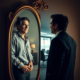 A powerful reflection scene showing a person emerging from a state of poverty to success, looking into a mirror