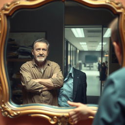 A powerful reflection scene showing a person emerging from a state of poverty to success, looking into a mirror