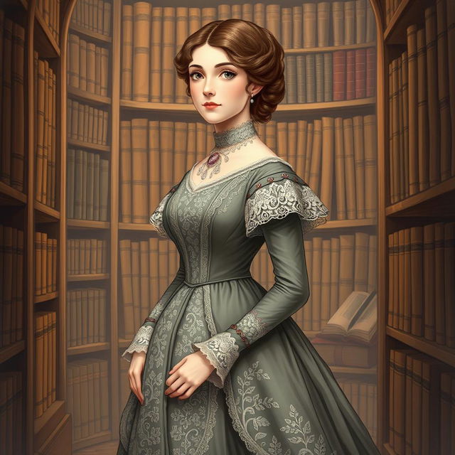 An enchanting illustration of Harriet Martineau, dressed in a classic Victorian gown adorned with intricate lace and floral patterns