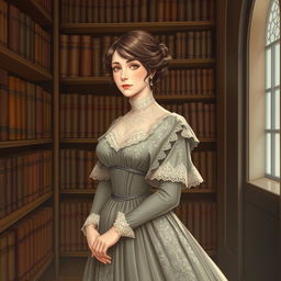 An enchanting illustration of Harriet Martineau, dressed in a classic Victorian gown adorned with intricate lace and floral patterns
