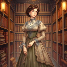 An enchanting illustration of Harriet Martineau, dressed in a classic Victorian gown adorned with intricate lace and floral patterns