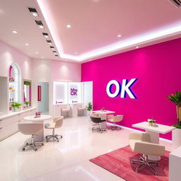 A modern and fresh nail spa interior featuring a vibrant fuchsia wall with a chic ambiance, complemented by white walls and decor