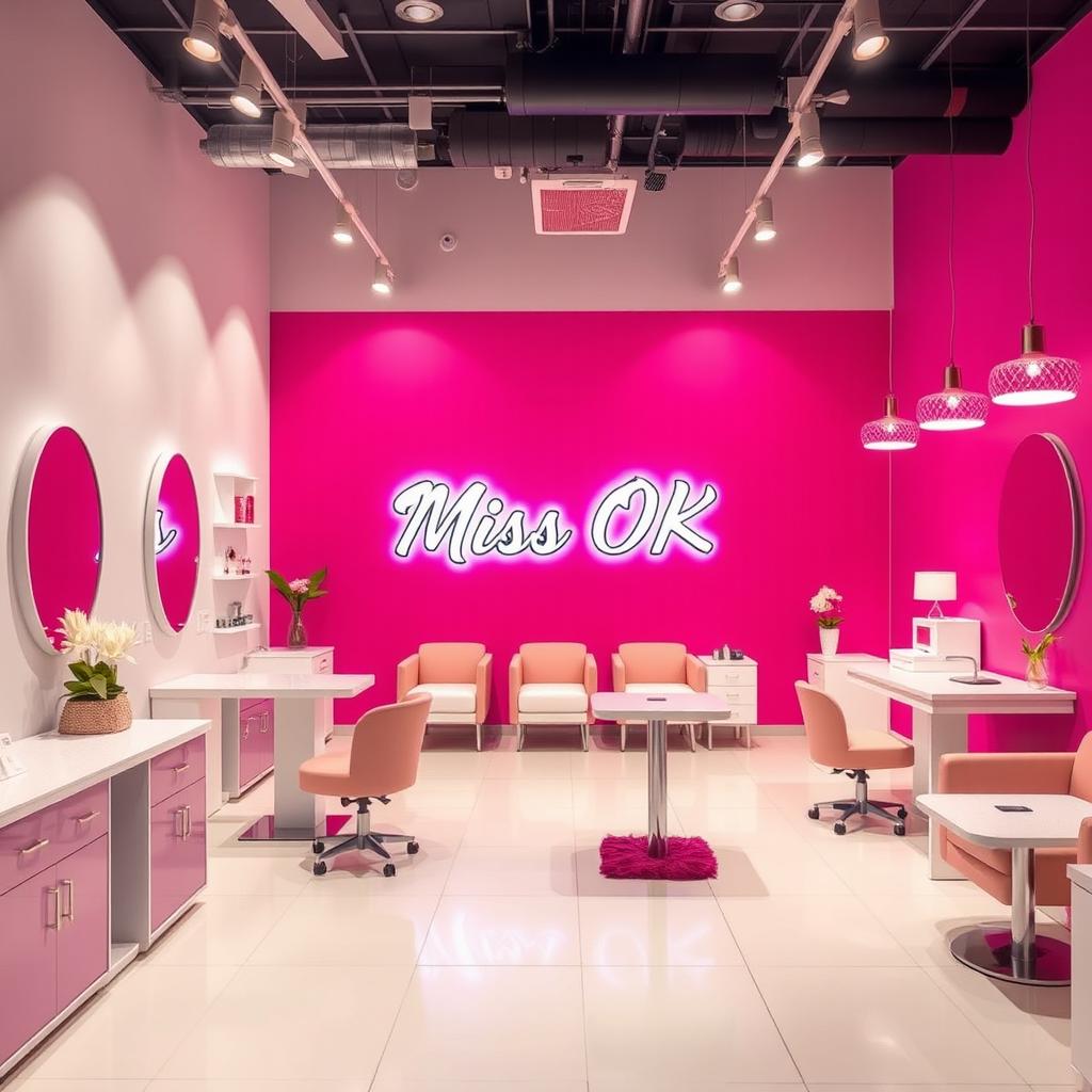 A modern and fresh nail spa interior featuring a vibrant fuchsia wall with a chic ambiance, complemented by white walls and decor