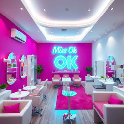 A modern and fresh nail spa interior featuring a vibrant fuchsia wall with a chic ambiance, complemented by white walls and decor
