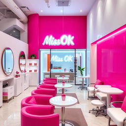 A modern and fresh nail spa interior featuring a vibrant fuchsia wall with a chic ambiance, complemented by white walls and decor