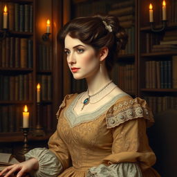 An artistic representation of Harriet Martineau, dressed in a sumptuous Victorian gown characterized by detailed lace and rich fabrics