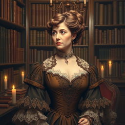 An artistic representation of Harriet Martineau, dressed in a sumptuous Victorian gown characterized by detailed lace and rich fabrics
