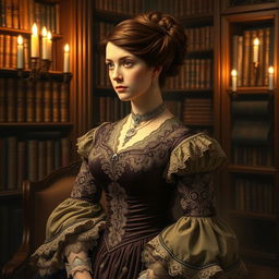 An artistic representation of Harriet Martineau, dressed in a sumptuous Victorian gown characterized by detailed lace and rich fabrics