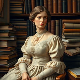 An intricate portrait of Harriet Martineau, depicted in her iconic Victorian attire, showcasing a beautifully designed gown with elegant lace details and a soft color palette
