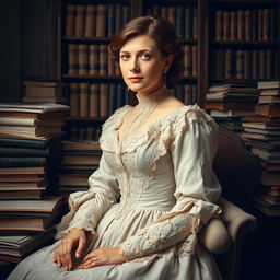 An intricate portrait of Harriet Martineau, depicted in her iconic Victorian attire, showcasing a beautifully designed gown with elegant lace details and a soft color palette