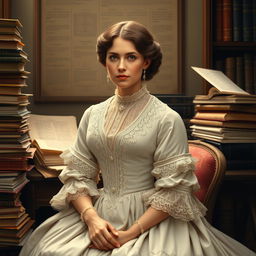 An intricate portrait of Harriet Martineau, depicted in her iconic Victorian attire, showcasing a beautifully designed gown with elegant lace details and a soft color palette