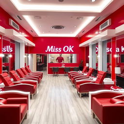 A spacious and modern nail spa interior featuring multiple rows of nail stations, each designed for five people, accommodating larger groups