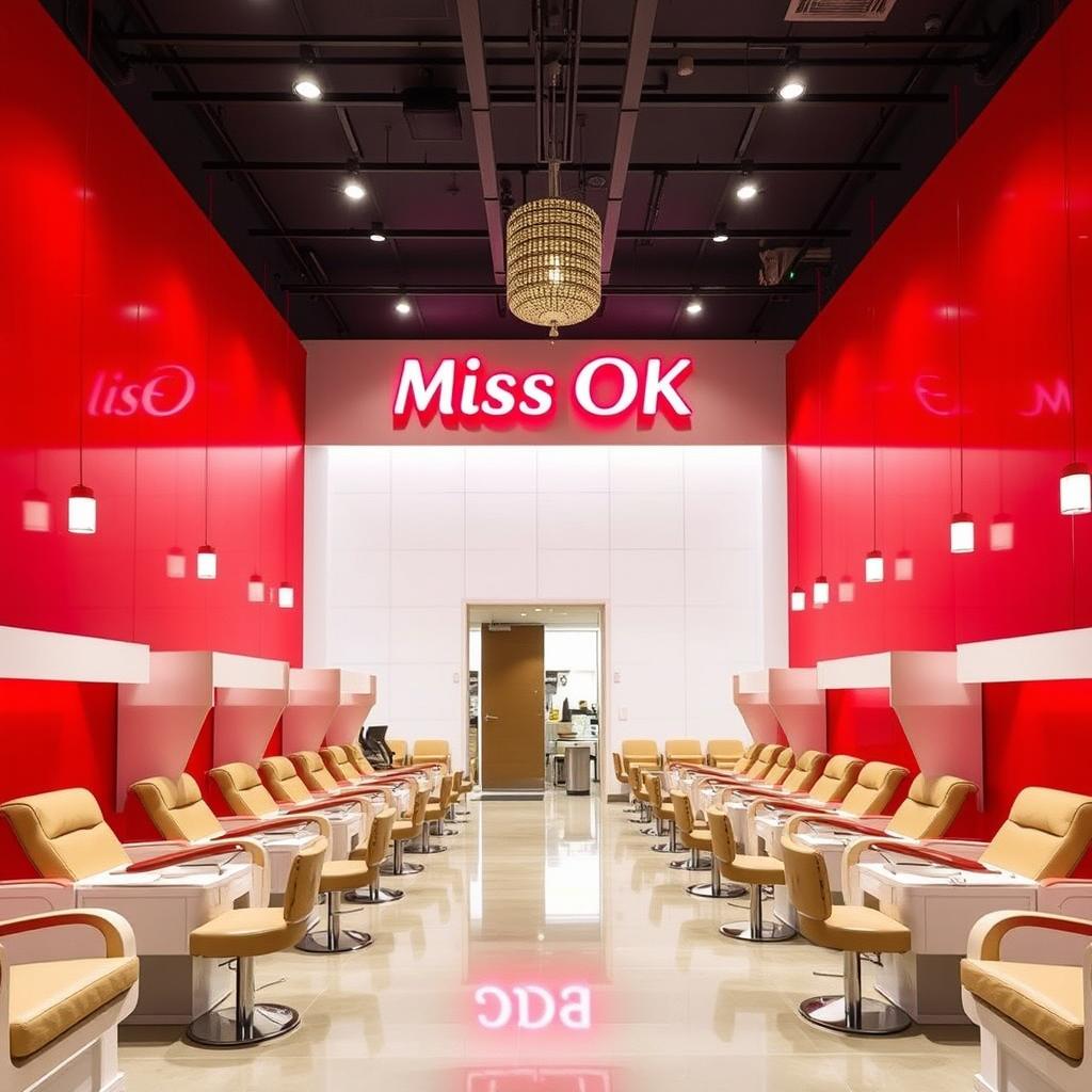 A spacious and modern nail spa interior featuring multiple rows of nail stations, each designed for five people, accommodating larger groups