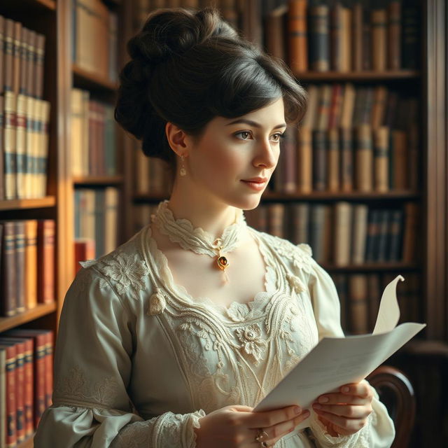 A beautifully detailed portrait of Harriet Martineau, dressed in an elegant Victorian dress featuring intricate lace and soft, muted colors