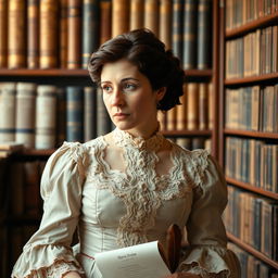 A beautifully detailed portrait of Harriet Martineau, dressed in an elegant Victorian dress featuring intricate lace and soft, muted colors