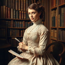 A beautifully detailed portrait of Harriet Martineau, dressed in an elegant Victorian dress featuring intricate lace and soft, muted colors