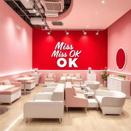 A modern and lively nail spa interior featuring a rich red wall with a subtle pink undertone, alongside white walls and decor