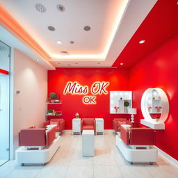 A modern and lively nail spa interior featuring a rich red wall with a subtle pink undertone, alongside white walls and decor