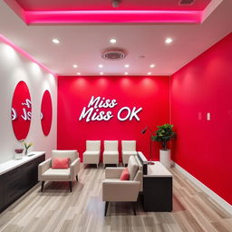 A modern and lively nail spa interior featuring a rich red wall with a subtle pink undertone, alongside white walls and decor