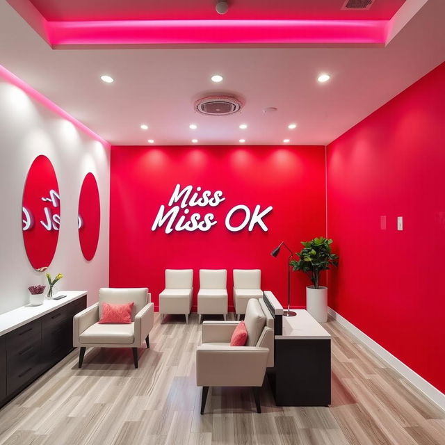 A modern and lively nail spa interior featuring a rich red wall with a subtle pink undertone, alongside white walls and decor