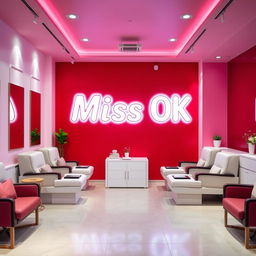 A modern and lively nail spa interior featuring a rich red wall with a subtle pink undertone, alongside white walls and decor