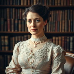 A refined portrait of Harriet Martineau, showcasing her in an elegant Victorian dress adorned with intricate lace and soft pastel colors