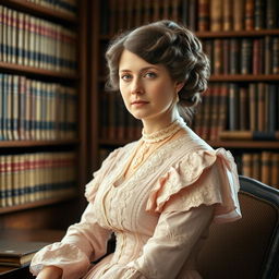 A refined portrait of Harriet Martineau, showcasing her in an elegant Victorian dress adorned with intricate lace and soft pastel colors