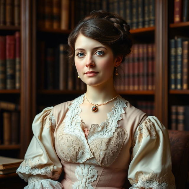 A refined portrait of Harriet Martineau, showcasing her in an elegant Victorian dress adorned with intricate lace and soft pastel colors