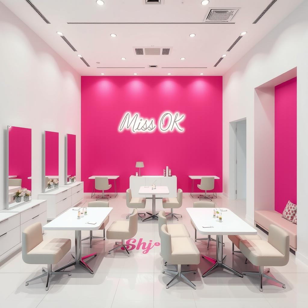 A modern nail spa interior featuring a soft fuchsia wall, providing a vibrant yet comfortable atmosphere, alongside white walls that enhance the brightness of the space