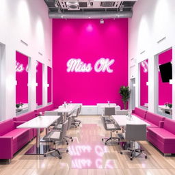 A modern nail spa interior featuring a soft fuchsia wall, providing a vibrant yet comfortable atmosphere, alongside white walls that enhance the brightness of the space