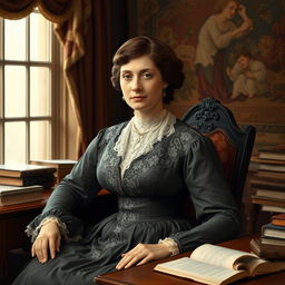 A detailed and elegant portrait of Harriet Martineau, showcasing her in a Victorian-era dress with intricate lacework and a modest yet stylish silhouette