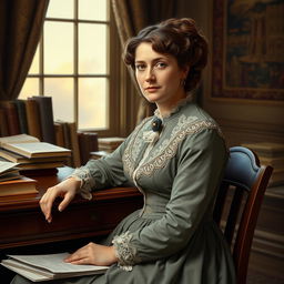 A detailed and elegant portrait of Harriet Martineau, showcasing her in a Victorian-era dress with intricate lacework and a modest yet stylish silhouette