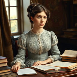 A detailed and elegant portrait of Harriet Martineau, showcasing her in a Victorian-era dress with intricate lacework and a modest yet stylish silhouette