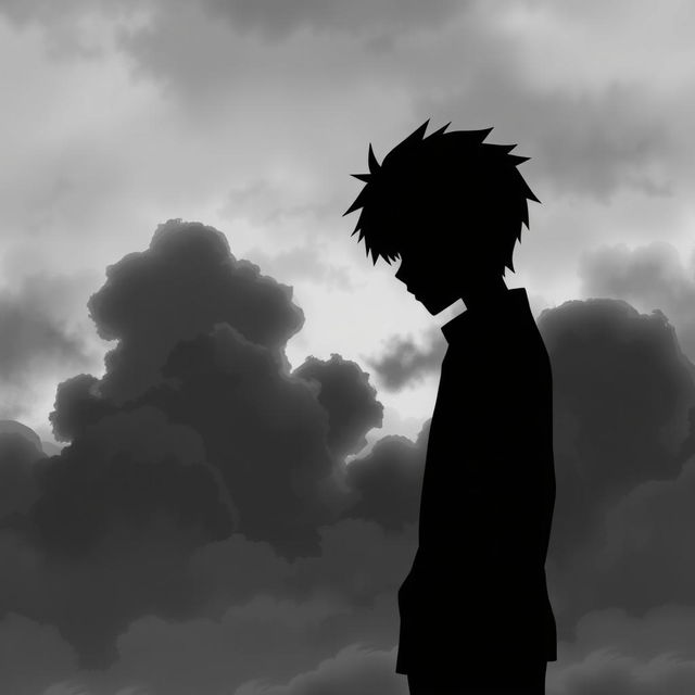 A depressed anime boy standing in profile, with half of his face visible