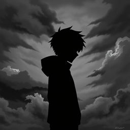 A depressed anime boy standing in profile, with half of his face visible