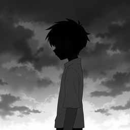 A depressed anime boy standing in profile, with half of his face visible