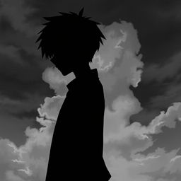 A depressed anime boy standing in profile, with half of his face visible