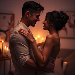 A sensual and artistic portrayal of intimacy between two adults, featuring soft lighting and a warm color palette