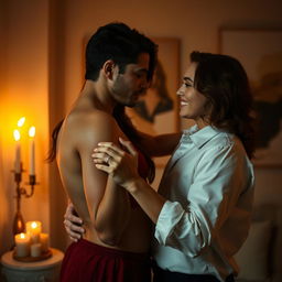 A sensual and artistic portrayal of intimacy between two adults, featuring soft lighting and a warm color palette