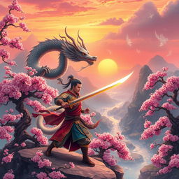 A vibrant fantasy adventure scene set in ancient China, showcasing a mystical landscape with rolling mountains, cherry blossom trees in full bloom, and a winding river