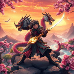 A vibrant fantasy adventure scene set in ancient China, showcasing a mystical landscape with rolling mountains, cherry blossom trees in full bloom, and a winding river