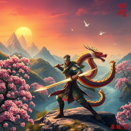A vibrant fantasy adventure scene set in ancient China, showcasing a mystical landscape with rolling mountains, cherry blossom trees in full bloom, and a winding river