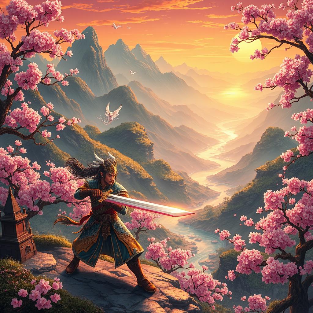 A vibrant fantasy adventure scene set in ancient China, showcasing a mystical landscape with rolling mountains, cherry blossom trees in full bloom, and a winding river